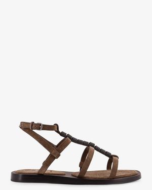 Brunello Cucinelli Suede Sandals With Monili Details - Natural