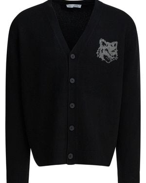 Maison Kitsuné Wool Cardigan With Fox Head - Black