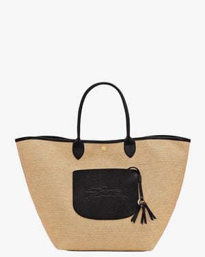 Longchamp Le Panier Pliage Raffia And Leather Shoulder Bag - Black