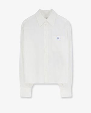 Celine Cropped Denim Shirt With Front Embroidered Logo - White