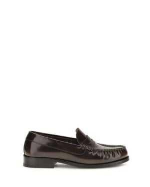 Alohas Rivet Vintage Brushed Leather Loafers Coffee - White