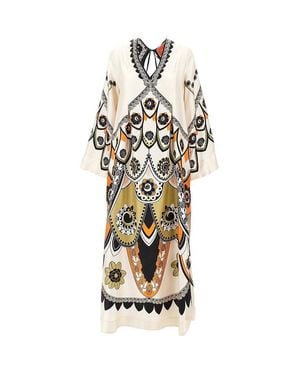 La DoubleJ Printed Silk 'Twin Flame' Long Dress - Metallic