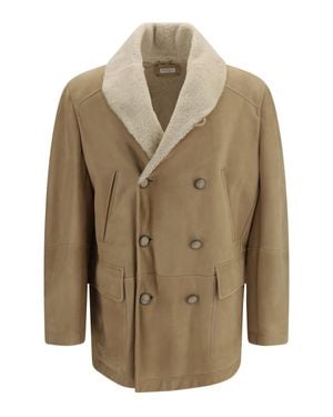 Brunello Cucinelli Curly Suede Shearling Pea Coat With Shawl Collar - Natural