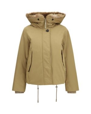 Woolrich Short Hooded Parka With Fur Trim Khaki - Natural