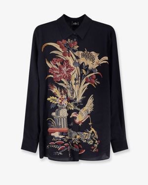 Etro Silk Shirt With Frontal Print Nero - Blue