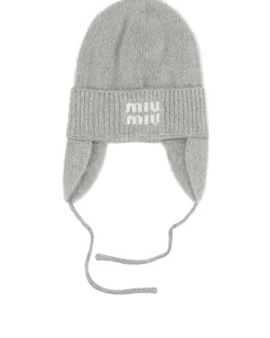 Miu Miu Beanie With Earflaps And Logo - Gray