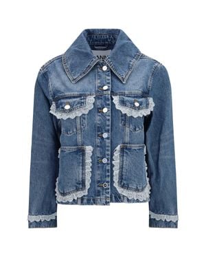 Ganni Rigid Denim Jacket With Lace Details - Blue