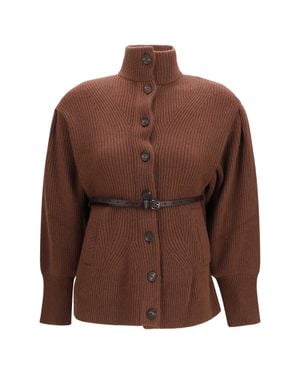 Brunello Cucinelli High Neck Cardigan With Belt - Brown