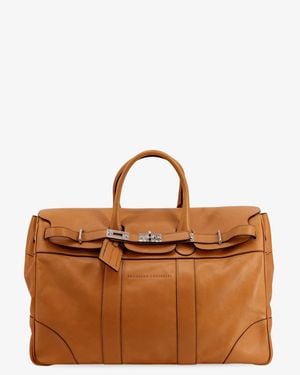 Brunello Cucinelli Leather Travel Bag With Engraved Logo On The Front - Brown