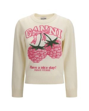 Ganni Crewneck Sweater With Raspberries Print - White