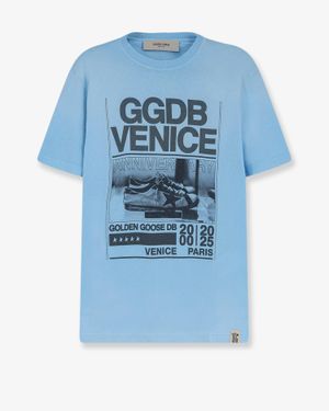 Golden Goose Deluxe Brand Cotton T-Shirt With Print On The Front - Blue