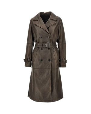 Pinko Vintage Effect Faux Leather Trench Coat - Brown