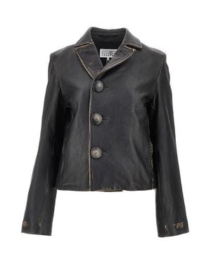 MM6 by Maison Margiela Vintage-Effect Leather Jacket - Black