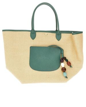 Longchamp Leather And Raffia Tote Bag - Green