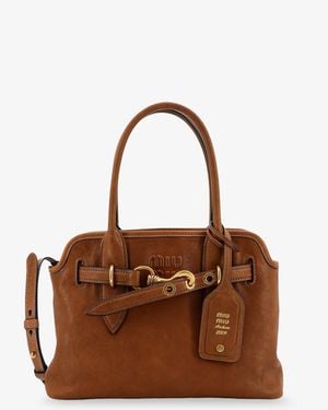 Miu Miu Aventure Leather Handbag With Embossed Lettering Logo - Brown
