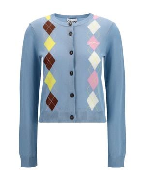 Ganni Diamond-Pattern Cardigan - Blue