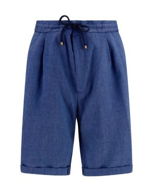 Brunello Cucinelli Linen And Virgin Wool Chevron Bermuda Shorts - Blue
