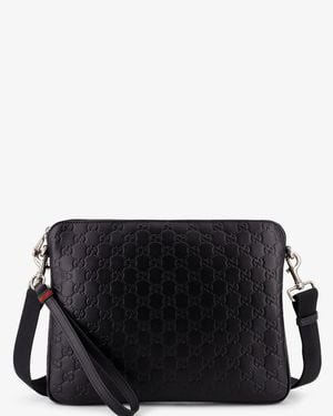 Gucci Leather Gg Emblem Crossbody Bag With Embossed Gg Motif - Black