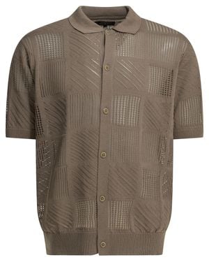 Beams Plus Cotton Nylon Spandex Textured Knit Button-Down Polo Shirt - Brown