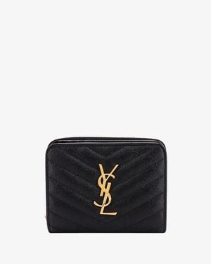 Saint Laurent Quilted Leather Wallet With Metal Cassandre Logo - Black