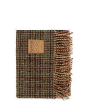 Ganni Small Check Wool Scarf - Brown
