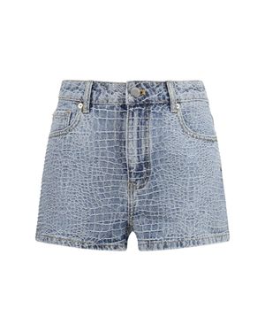 Self-Portrait Denim Shorts With Croc Effect And Rhinestones - Blue