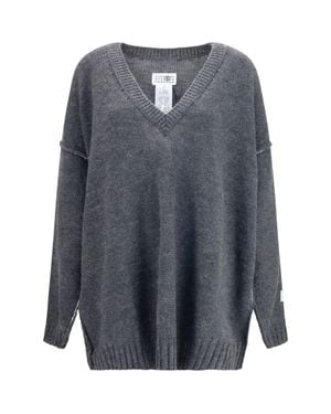 MM6 by Maison Margiela Oversized V-Neck Jumper Melange - Grey