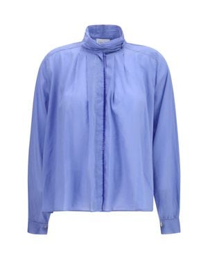 forte_forte Pleated High-Neck Blouse Oxford - Blue