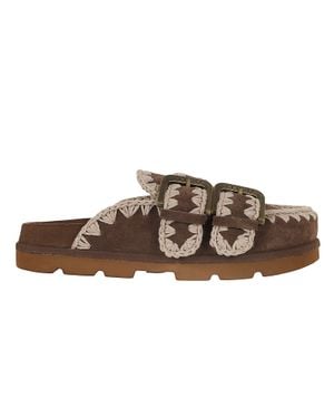 Mou Low-Cut Suede Clogs With Double Buckle Closure - Brown