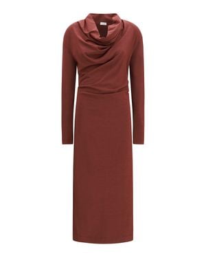 Brunello Cucinelli Techno Wool Jersey Draped Dress Cabernet - Red