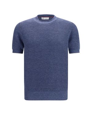 Brunello Cucinelli Cotton And Linen Knit T-Shirt - Blue