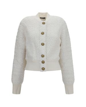 Balmain Tweed Bomber Jacket With Lion-Head Buttons - White