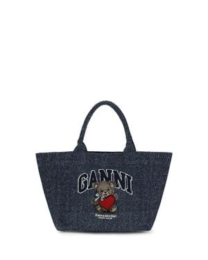 Ganni Medium Denim Tote Bag With Bear - Blue