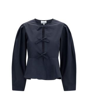 Ganni Cotton Poplin Blouse With Bows - Blue