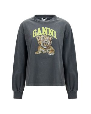 Ganni Long-Sleeve Tiger-Print T-Shirt - Blue