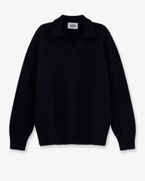 Alpha Studio Wool Blend Ribbed Collar Sweater - Blue