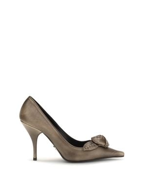 Prada Leather Court Shoes With Rose Appliqué - Metallic