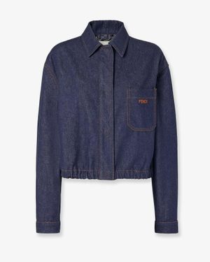 Fendi Denim Jacket With Front Embroidered Logo - Blue