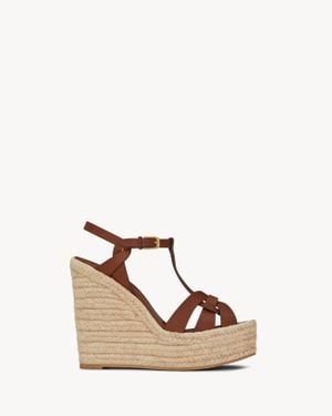 Saint Laurent Tribute Leather Espadrille Wedge Sandals - Brown