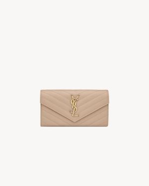 Saint Laurent Cassandre Matelassé Grand Portefeuille En Cuir Grain De Poudre Beige - Natural