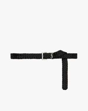 Saint Laurent Cassandre Belt In Woven Vegetable-tanned Leather - Black