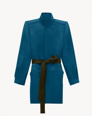 Saint Laurent Manteau Ceinturé En Satin De Soie - Bleu