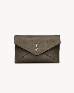 Saint Laurent Cassandre Grande Pochette Enveloppe En Cuir D'Agneau Vert - Gris