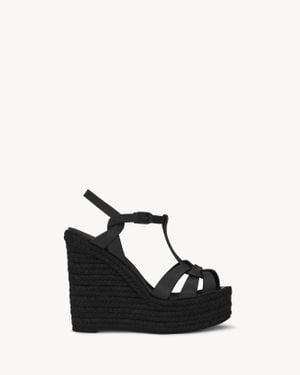 Saint Laurent Tribute Leather Espadrille Wedge Sandals - Black