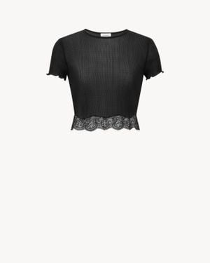 Saint Laurent Cropped Lace-Trimmed Ribbed Silk Top - Black