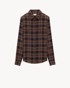 Saint Laurent Chemise Cassandre En Laine Tartan Ambre - Marron