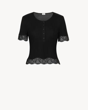 Saint Laurent Scalloped Lace-Trimmed Ribbed Jersey Henley Top - Black