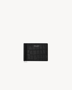 Saint Laurent ビルクリップウォレット（ブラック／クロコダイルエンボステクスチャード レザー）サンローランパリ ブラック - ホワイト