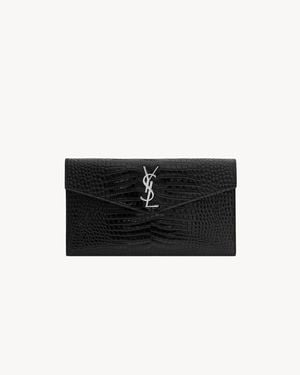 Saint Laurent Uptown Pochette En Cuir Brillant Embossé Crocodile - Black