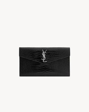 Saint Laurent Uptown Pochette En Cuir Brillant Embossé Crocodile - Black